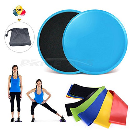 Core Exercise Sliders, Dual Sided Gliding Discs & Exercise Resistance Loop Bands & Pounch for Legs Butt Forearm Stretching Physical Therapy Use on Carpet or Hardwood Floors Home Ab Workout