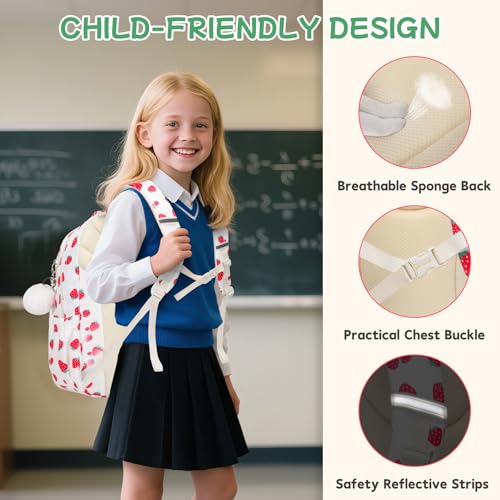 Girls Backpack, School Backpack for Girls, Cute Bow Kids Bookbag for Grils Children Teens for Elementary Middle High School Student, Back To School, White Strawberry - color: White Strawberry