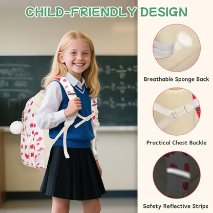 Girls Backpack, School Backpack for Girls, Cute Bow Kids Bookbag for Grils Children Teens for Elementary Middle High School Student, Back To School, White Strawberry 3pcs - color: White Strawberry-3pcs
