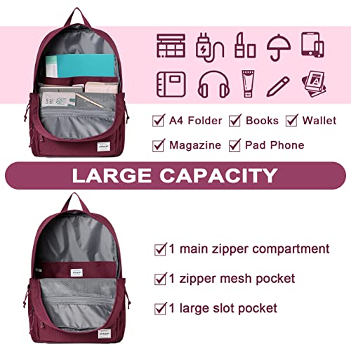 RAVUO School Backpack, Lightweight Classic Bookbag Casual Daypack for Men Women - color: Burgundy