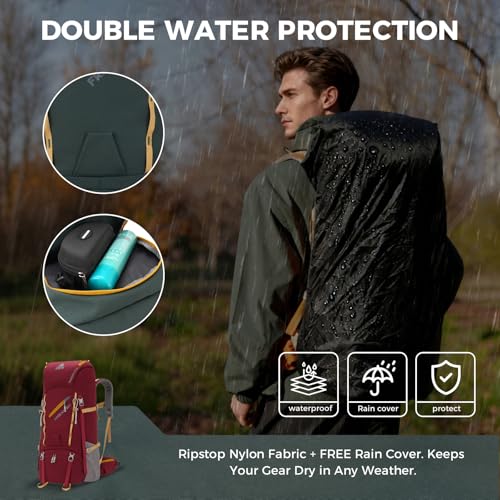Bseash 65L Waterproof Hiking Camping Backpack with Rain Cover, Outdoor Sport Travel Daypack for Climbing Touring (Wine Red) - color: Wine Red