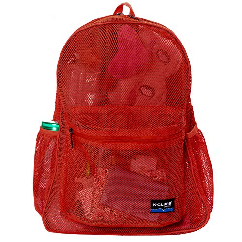 K-Cliffs Heavy Duty Mesh Backpack Quality Classic Student Net Bookbag Durable See Through Simple Netting Daypack Basic School Bag Red - color: Red