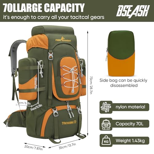 Bseash 70L (65+5) Waterproof Hiking Camping Backpack with Rain Cover, Outdoor Sport Travel Daypack for Climbing Touring (Army Green) - color: Army Green