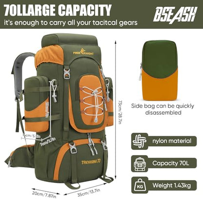 Bseash 70L (65+5) Waterproof Hiking Camping Backpack with Rain Cover, Outdoor Sport Travel Daypack for Climbing Touring (Army Green) - color: Army Green