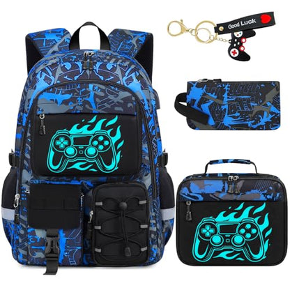School Backpack for Boys - 4pcs Gamer Boys Backpack with Lunch Box Set for Kids Teens Elementary Middle High School,18″ Large Capacity Students Bookbag with Usb Charging Port & Key-chain - color: Game003-set
