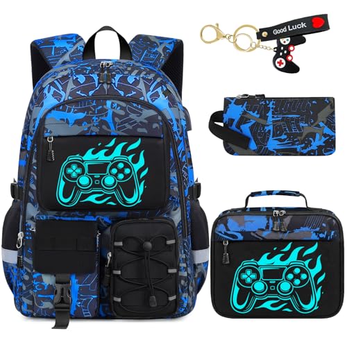 School Backpack for Boys - 4pcs Gamer Boys Backpack with Lunch Box Set for Kids Teens Elementary Middle High School,18″ Large Capacity Students Bookbag with Usb Charging Port & Key-chain - color: Game003-set