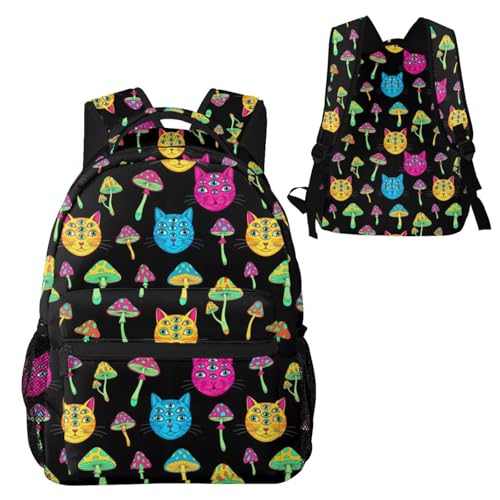 Casual Travel Daypack Halloween Trippy Eyes Black Cat Mushrooms, Multi Pocket Water Resistant Backpack for Men Women Weekend Getaways - color: Pattern (268)