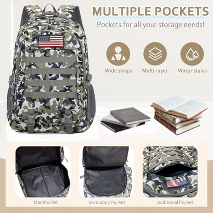 Camo Tactical Backpack for Boys - Waterproof 19'' Kids Bookbag with 15.6" Laptop Compartment, MOLLE System School Bag for Camping Hiking Travel - color: Camo Backpack Single Pack 2