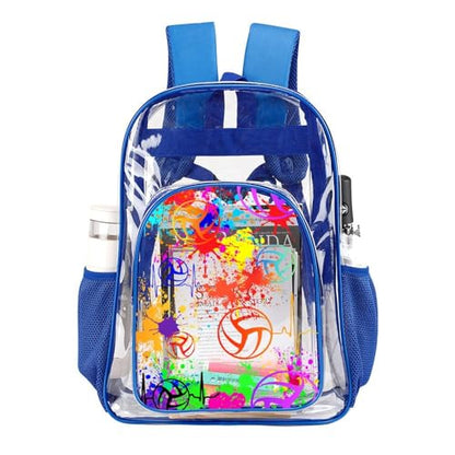 Volleyball Clear Backpack Heavy Duty for Girls Kids Boys Women | Large Cool PVC Volleyball Theme Printing Transparent Backpacks for Schools Stadium Concerts Work - Clear/Blue - color: Volleyball Clear Backpack 1 Blue With Front Pocket