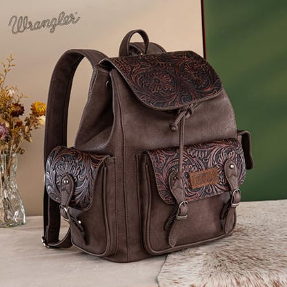 Montana West Wrangler Backpack Purse for Women Men Western Backpack Floral Tooled Travel Bags - color: Carve Coffee