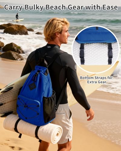 WANDF Drawstring Backpack with Removable Wet Pocket, Sandproof Beach Backpack with Bottom Compression Strap for Beach Mat, Swim Bag for Pool, Gym, Travel and Workout Gear (Navy Blue) - color: Navy Blue