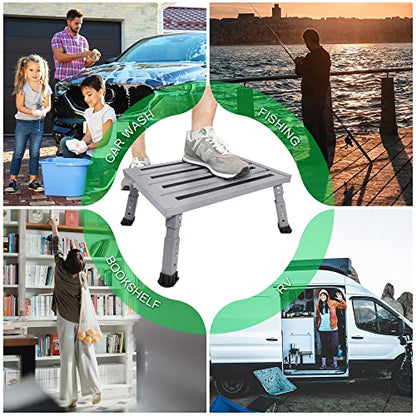 Adjustable Height Aluminum RV Step, Stable Foldable Platform Step Stool, Supports Up to 1,000 lb, Non-Slip Rubber Feet and Platform Mat, Easy to Carry (Silver) - color: Silver