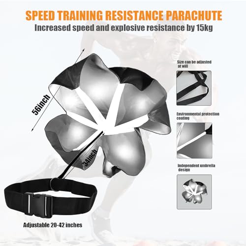 Running Parachute for Speed Training, 56 inch Resistance Parachute for Athletes, Sprinting & Football Training Equipment with Adjustable Waist Belt, Drag Chute to Improve Velocity & Explosive Power - color: Black-Buckle