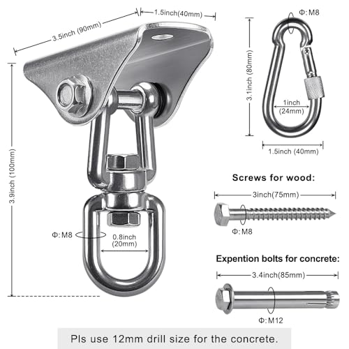SELEWARE Swing Hangers Stainless Steel Swing Hooks Swivel Swing Mount Hardware w/Carabiners for Porch Swing Sets Hammock Chair Heavy Bag Yoga Silk Suspension Straps 1000 LB Capacity Each 2 Pack - color: Silver-360° Swing Hanger With Carabiners (2 Pack)