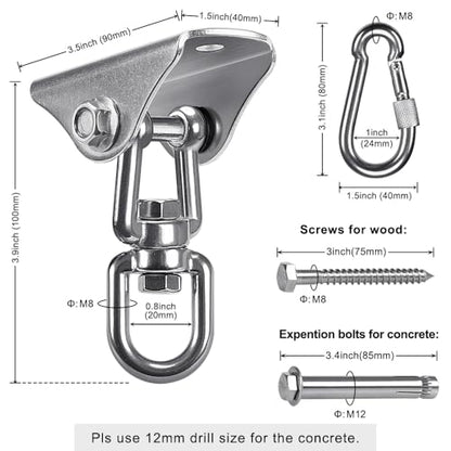 SELEWARE Swing Hangers Stainless Steel Swing Hooks Swivel Swing Mount Hardware w/Carabiners for Porch Swing Sets Hammock Chair Heavy Bag Yoga Silk Suspension Straps 1000 LB Capacity Each 2 Pack - color: Silver-360° Swing Hanger With Carabiners (2 Pack)