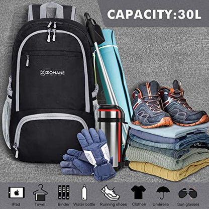 ZOMAKE Lightweight Packable Backpack 30L, Foldable Travel Hiking Daypack - color: A-black