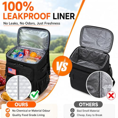 25L Extra Large Tactical Cooler Backpack, Soft Lightweight Insulated Lunch Box for Men, 38 Can Leakproof Cooler Bag Keeps Hot Cold up to 20H for Camping, Hiking, Beach, Work, Black