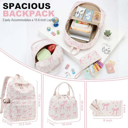 LEDAOU Kids Backpack for Girls Backpacks with Lunch Box, Lightweight Bookbag Set Elementary Middle School Back pack for 8-14 - color: A-bow Tie Beige