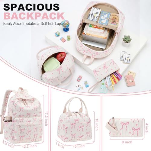 LEDAOU Kids Backpack for Girls Backpacks with Lunch Box, Lightweight Bookbag Set Elementary Middle School Back pack for 8-14 - color: A-bow Tie Beige