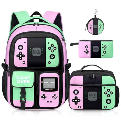 Gamer Backpack for Girls, 4pcs Gaming Girls Backpack with Lunch Box and Pencil Case for Kids, Video Gamer School Bags - color: Multicolor
