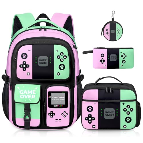 Gamer Backpack for Girls, 4pcs Gaming Girls Backpack with Lunch Box and Pencil Case for Kids, Video Gamer School Bags - color: Multicolor