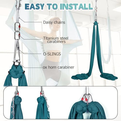 Aerial Silks Kit & Aerial Yoga Hammock - 11Yd Premium Fabric with Hardware - Easy Setup for Flying Yoga, Aerial Swing & Fitness - Supports Up to 14ft Rigging - color: Dark Green