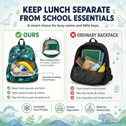 BTOOP Dinosaur Kids Backpack for Boys Girls 3-6, Cute Preschool Kindergarten Backpack with Insulated Lunch Compartment & Chest Strap, Lightweight School Travel Bag Fits A4 Folder - color: Dinosaur, size: Age 3-6 (14.5" H Fit Folder)