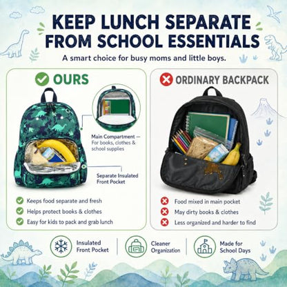 BTOOP Dinosaur Kids Backpack for Boys Girls 3-6, Cute Preschool Kindergarten Backpack with Insulated Lunch Compartment & Chest Strap, Lightweight School Travel Bag Fits A4 Folder - color: Dinosaur, size: Age 3-6 (14.5" H Fit Folder)