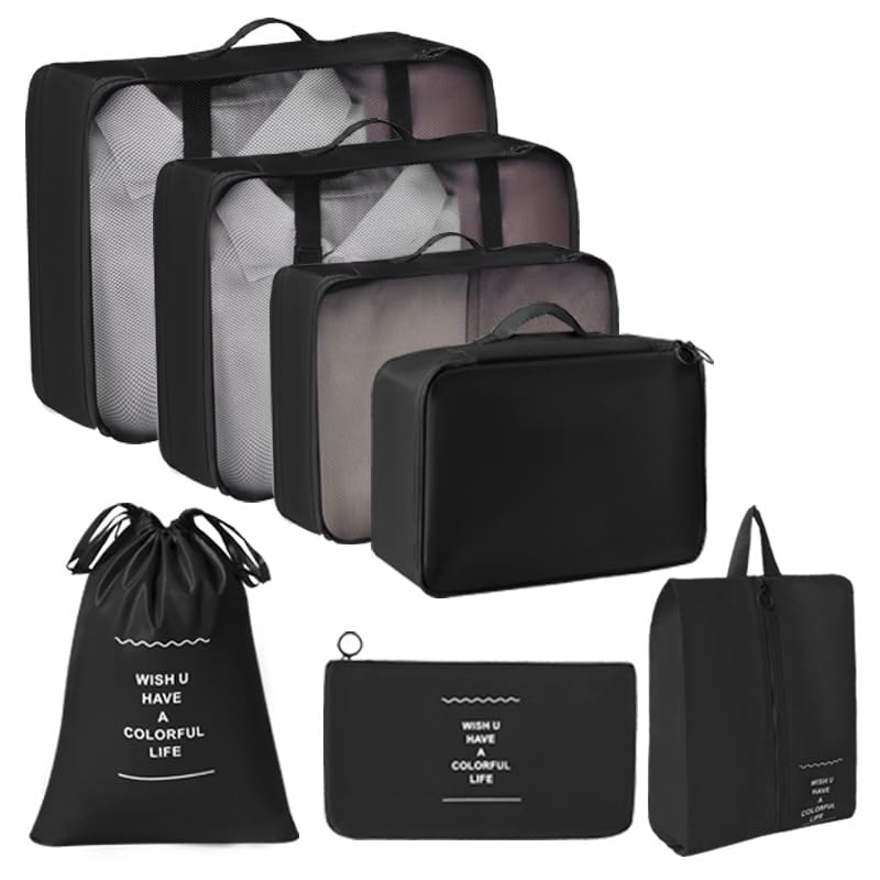 7 Set Packing Cubes for Suitcases, Breathable Luggage Organizer Bags, Travel Essentials with Clothing, Shoe, Cosmetics, Flat, Drawstring Bags, Black - color: Black