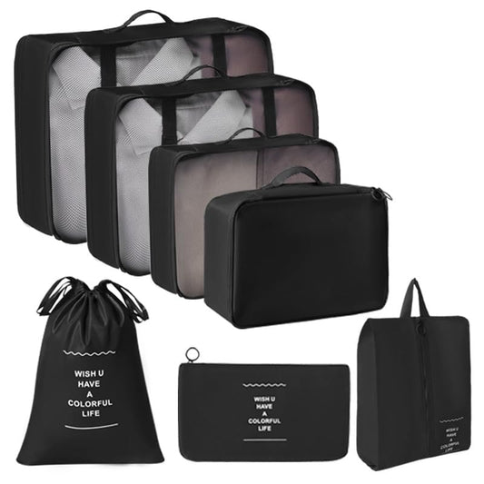7 Set Packing Cubes for Suitcases, Breathable Luggage Organizer Bags, Travel Essentials with Clothing, Shoe, Cosmetics, Flat, Drawstring Bags, Black - color: Black