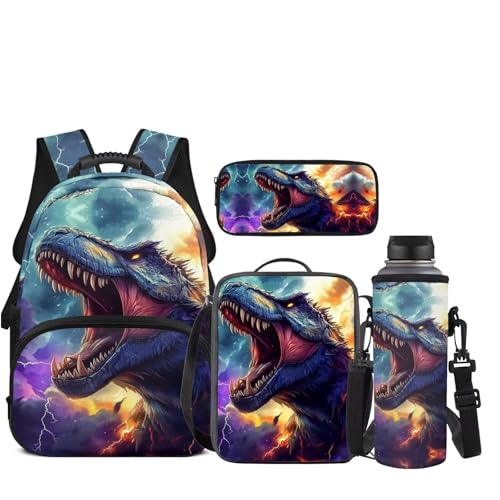 JEOCODY Dinosaur Backpack Kids School Bag for Girls Boys Bookbag with Lunch Box Pencil Pouch Water Bottle Holder Large Capacity Daypack for Travel Hiking Casual Rucksack Back to School Supplies - color: Cool Dinosaur With Lighting Printed