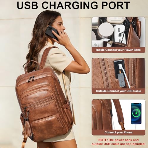 Shrrie 17 Inch Faux Leather Laptop Backpack for Women with Large Cup Holder - color: Caramel Brown