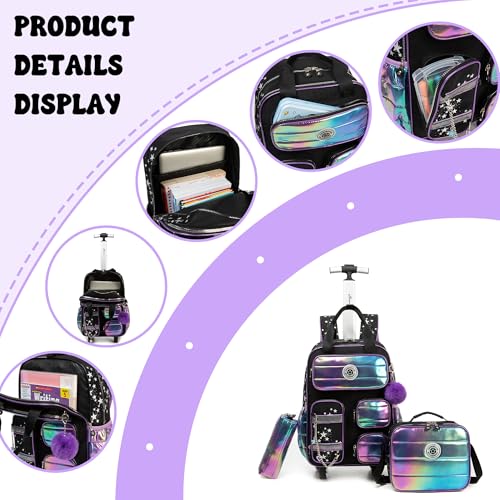 Rolling Backpack with Wheels for Girls Rolling Backpack with Lunch Bag and Pencil Case Set Kids Travel Luggage for Elementary School Girls Ages 5-12 - color: A Black