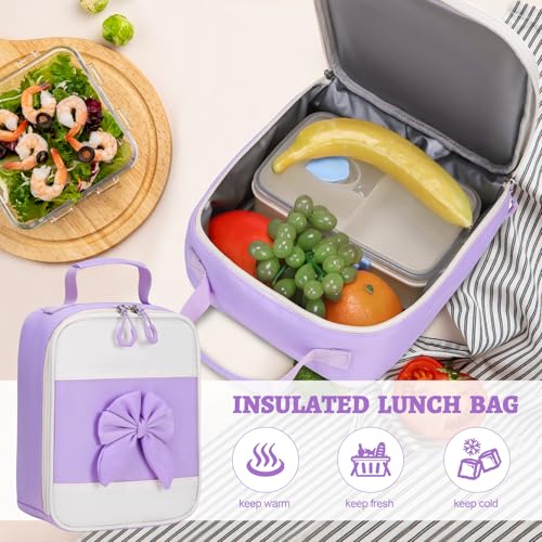DIGOBAY Backpack for Girls, 3PCS Girls Backpack for School with Lunch Bag Pencil Case, Cute Kids Teens Bookbag for Kindergarten Elementary Preschool Middle School (Purple) - color: Beige-purple