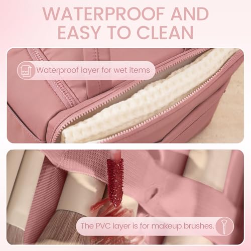 Travel Toiletry Bag for Women,Large Makeup Bag Organizer,Puffy Cosmetic Bag with Wet Dry Separation,Waterproof Toiletries Bag with Trolley Sleeve,Dark Pink - color: Dark Pink