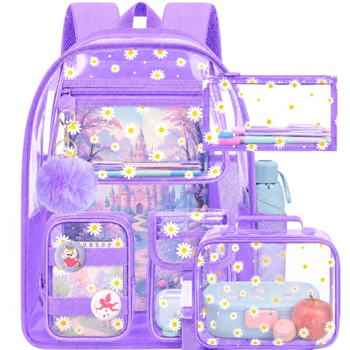 Clear Backpack, Heavy Duty Transparent Bookbag for Women and Men - color: Clear Backpack - Chrysanthemum Purple
