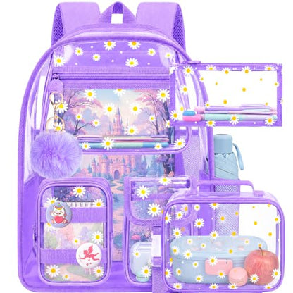Clear Backpack, Heavy Duty Transparent Bookbag for Women and Men - color: Clear Backpack - Chrysanthemum Purple
