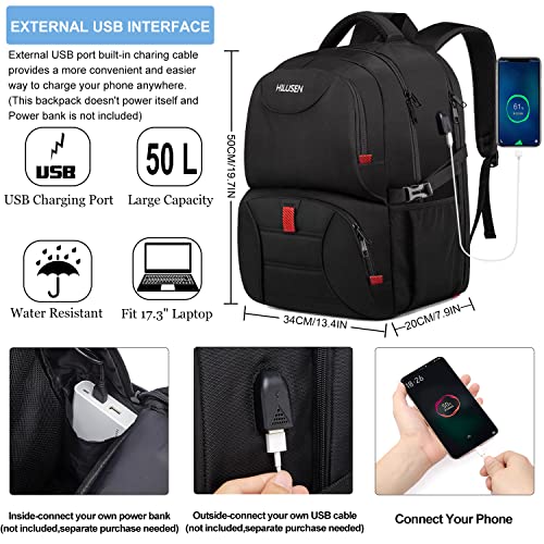 HILUSEN Extra Large Backpack for Men 50L, Insulated Cooler Lunch Box Backpack, Water Resistant 17inch Travel Laptop Work Bookbag with USB Charging Port,Black - color: Black