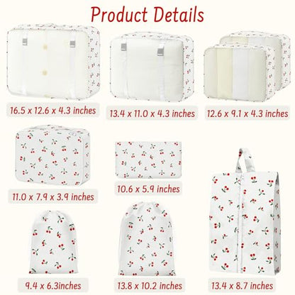 9 Set Packing Cubes for Travel Essentials - Lightweight Carry-On Luggage Organizer Bags with Shoe, Clothes & Laundry Bags for Airplane, Family & Business Travel, White Cherry - color: White Cherry