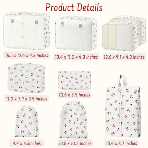 9 Set Packing Cubes for Travel Essentials - Lightweight Carry-On Luggage Organizer Bags with Shoe, Clothes & Laundry Bags for Airplane, Family & Business Travel, White Cherry - color: White Cherry