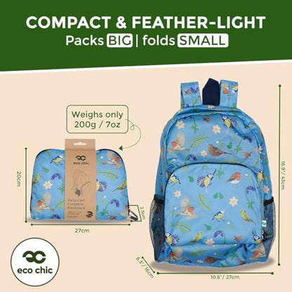 ECO CHIC Hiking Lightweight Packable Backpack - Foldable Daypack for Travel & Hiking & Outdoor Adventures - Waterproof Backpack from Recycled Materials (RSPB Birds Blue) - color: Rspb Birds Blue