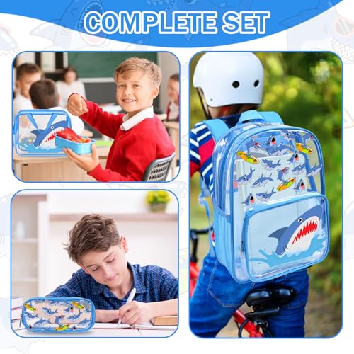 3PCS Clear Blue Backpack for School - Shark Cartoon Kids Clear Backpacks for Boys and Girls, Heavy Duty Transparent Bookbag with Lunch Bag and Pencil Case - See Through PVC Transparent Bookbag - color: Blue-Shark