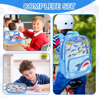 3PCS Clear Blue Backpack for School - Shark Cartoon Kids Clear Backpacks for Boys and Girls, Heavy Duty Transparent Bookbag with Lunch Bag and Pencil Case - See Through PVC Transparent Bookbag - color: Blue-Shark