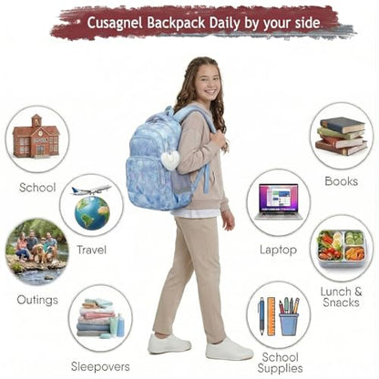 Cusangel School Backpcak for kids Girls Boys,16 Inch BookBag for 7-12Ages Day travel, Water Resistant, 7 Pockets, stitch Adjustable Chest Strap, Reflective Strip, Large (Blue-17in) - color: Blue-17in