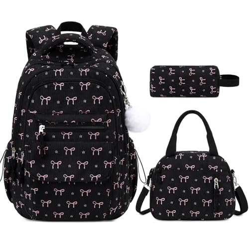 Bevalsa Backpack for Girls, 3PCS Corduroy Kids Backpack Set with Lunch Box & Pencil Pouch, Bookbag Daypack Laptop Bag for Women Teens Elementary Middle High School - color: Black Bow