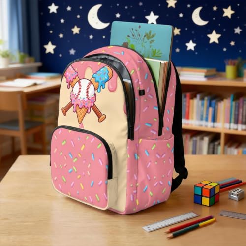 Suobstales Baseball Ice Cream Drip Print School Backpack for Kids, 17 Inch Bookbag for Girls Boys Age 6-8, Lightweight School Bag Knapsack for Preschool, Primary, Kindergarten School Supplies - color: Baseball Ice Cream Drip 3