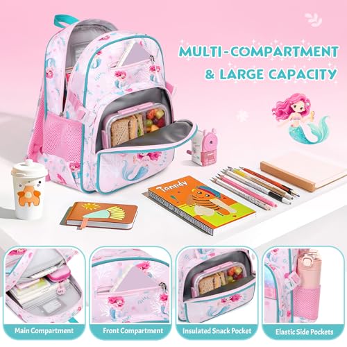 Toddler Backpack for Girls Ages 5-8, 3PCS Girls Backpack with Lunch Bag & Pencil Case - 15inch Kids School Bookbag for Preschool Kindergarten Elementary School (Mermaid) - color: Mermaid