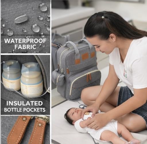 Baby Diaper Bag Backpack – Waterproof Multi-Function Travel Bag with Changing Pad, Stroller Straps & Pacifier Case, Large Capacity Unisex Baby Bag for Mom & Dad (Grey)