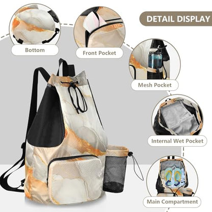 Drawstring Bags For Men Women Gym Swim Bag With Inside Pockets Pull String Back Pack Waterproof Marble White Orange - color: Color 20