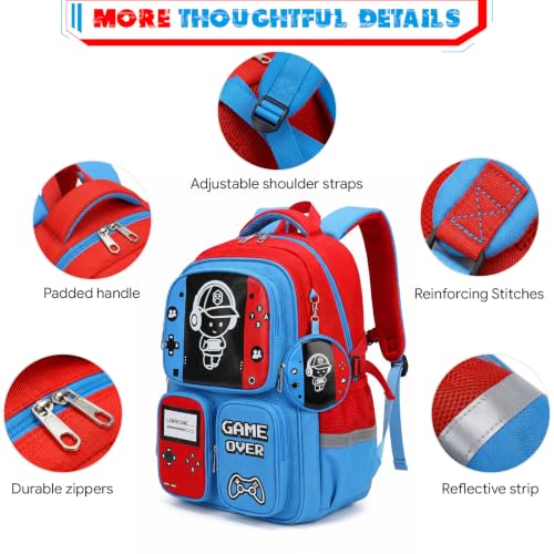 Boys Backpack, Luminous Gamer Backpack for Boys with Lunch Box,Pencil Case and Coin Puese,Kids Schoolbag Bookbag for Teen Boy Elementary Middle High School Travel(Red-Blue) - color: Red-blue